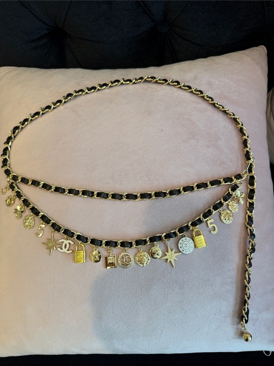 CHANEL Accessories - CHANEL Black and Gold Charm Chain Belt